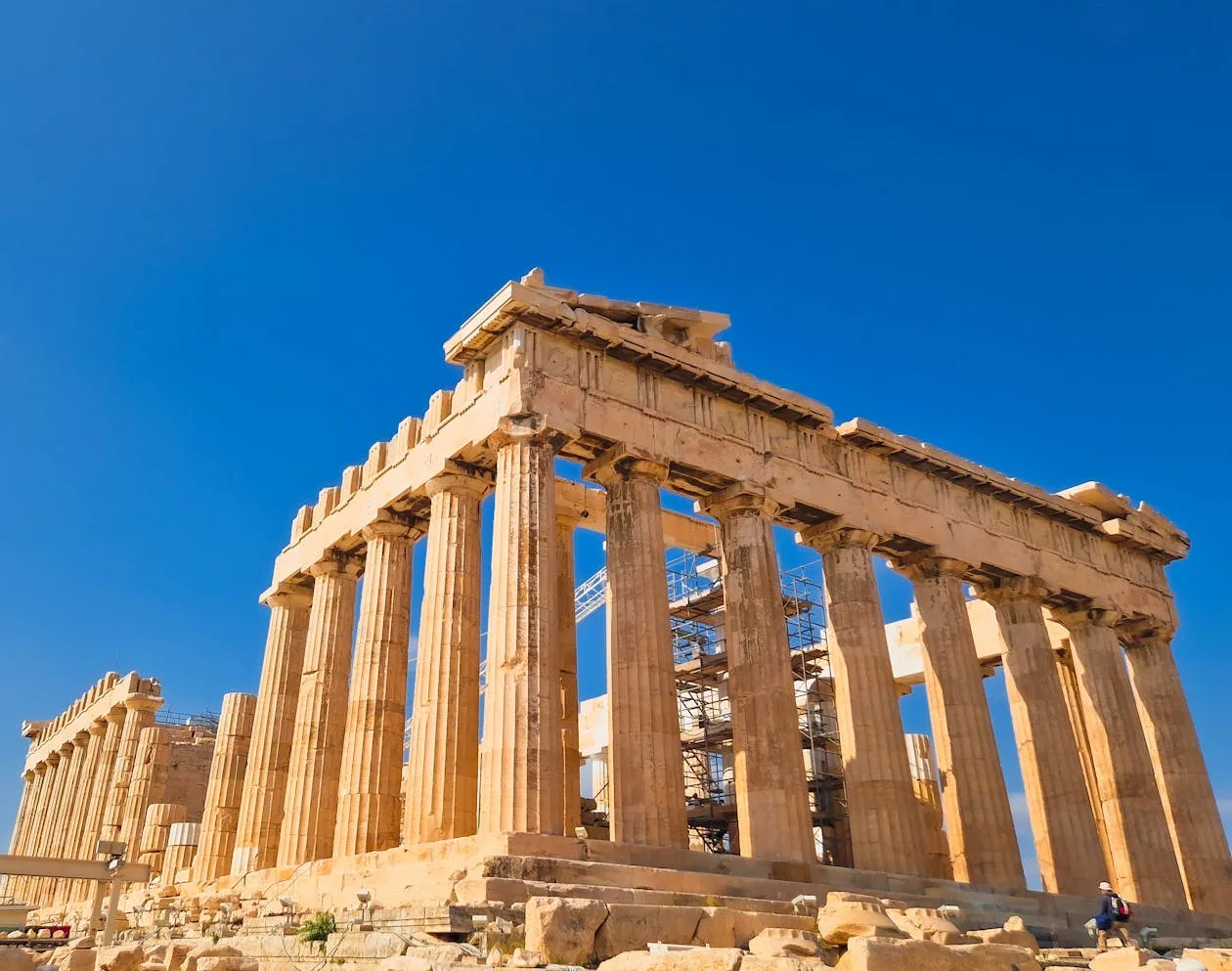 View of the Parthenon on the Acropolis of Athens against a blue sky