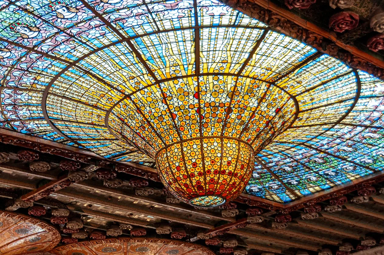 Stained glass inverted dome ceiling of Palau de la Música Catalana