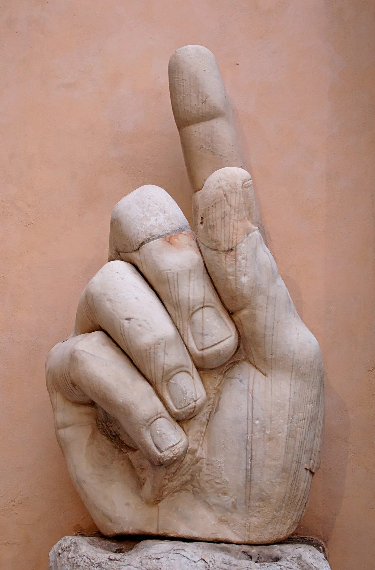 Marble right hand of the colossal statue of Constantine, index finger raised, Capitoline Museums