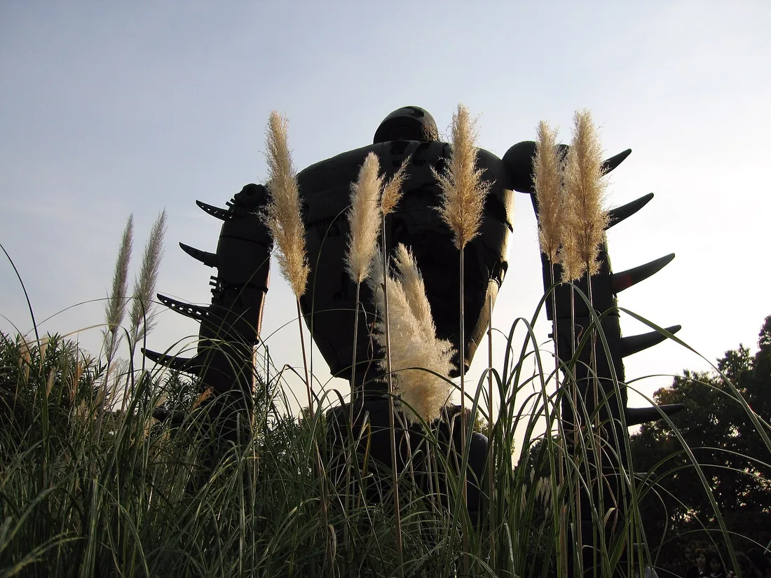 Ghibli Museum — the 5-metre Robot Soldier from Castle in the Sky standing in the rooftop grass