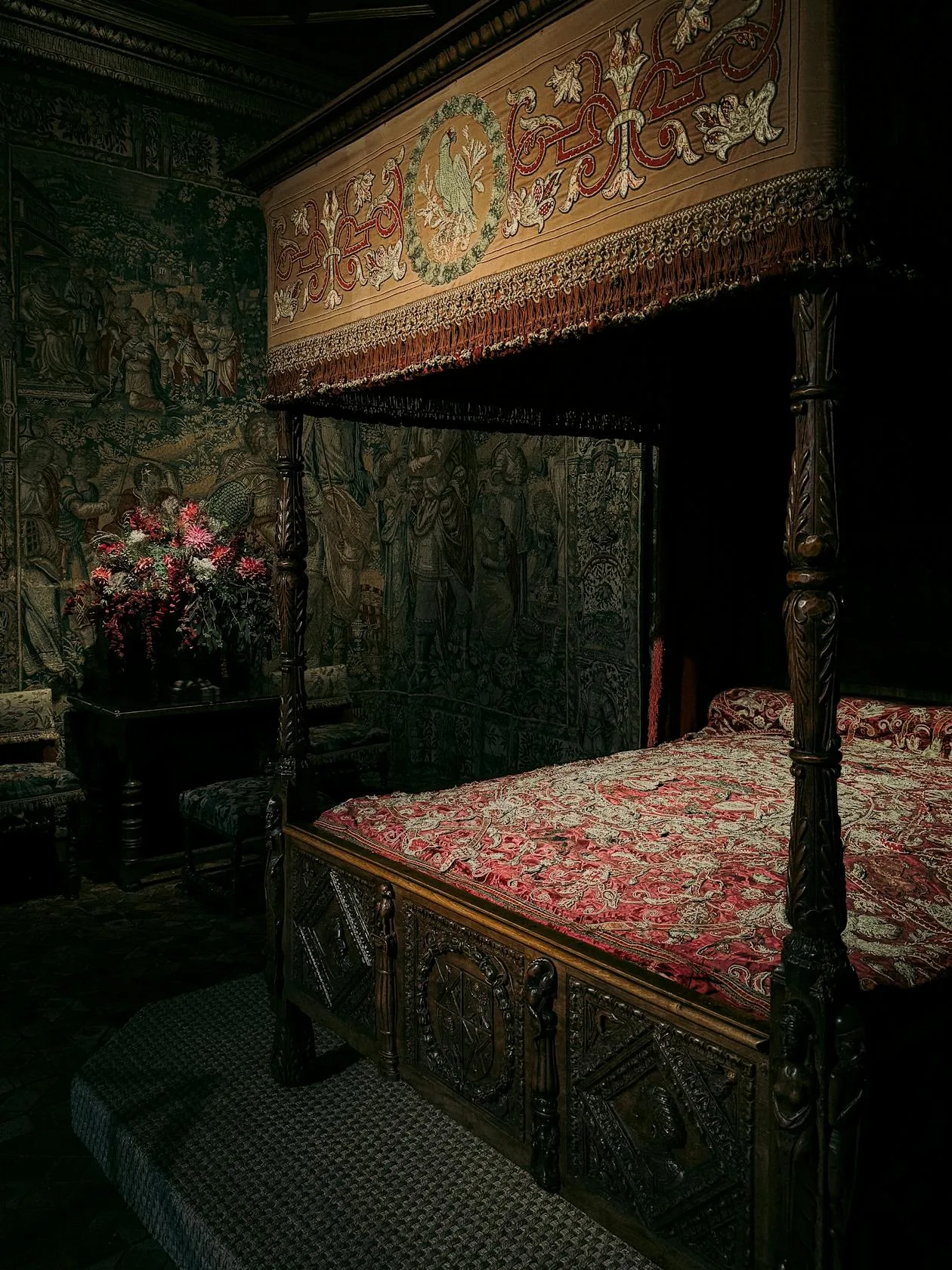 The Great Bed of Ware, an ornate Tudor oak bed, in the British Galleries of the Victoria and Albert Museum
