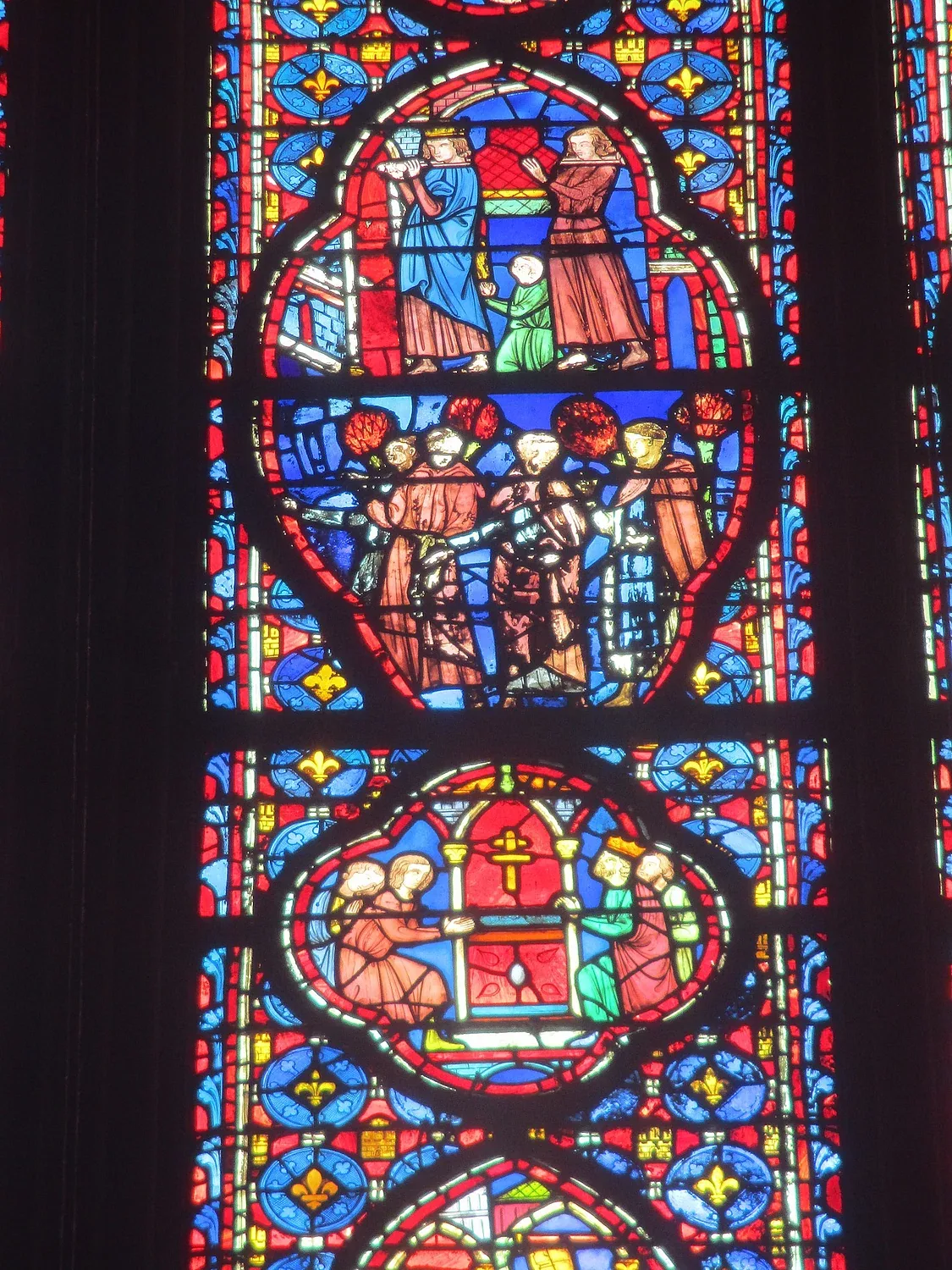 Relics window detail, Sainte-Chapelle south wall — Louis IX carrying Crown of Thorns, c.1248