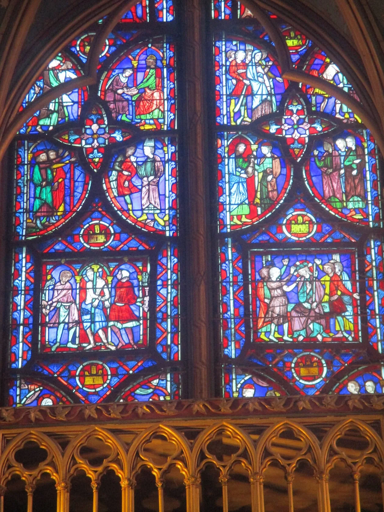 Passion window, Sainte-Chapelle east apse — Crucifixion scenes, c.1248