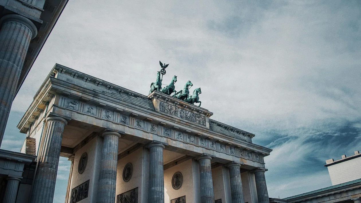 Brandenburg Gate neoclassical columns and quadriga statue in Berlin
