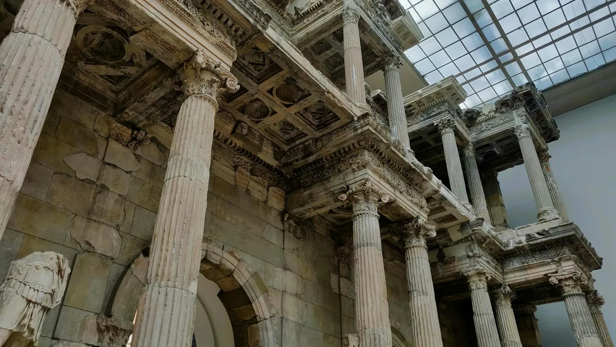 Classical antiquities columns inside the Pergamon Museum Berlin