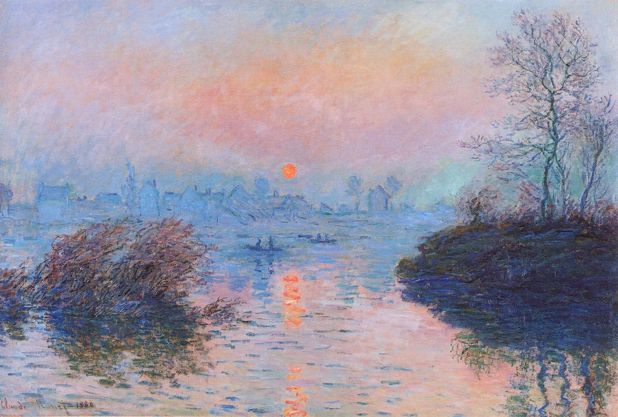 Claude Monet's 1880 painting Sunset on the Seine at Lavacourt, held at the Petit Palais in Paris