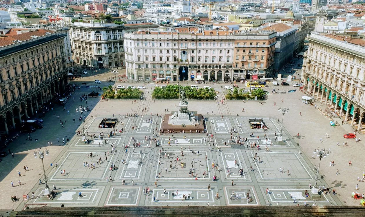 Aerial view of Piazza del Duomo in Milan from the cathedral rooftop