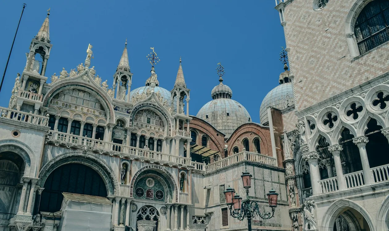 St Mark's Basilica facade and Piazza San Marco at sunrise
