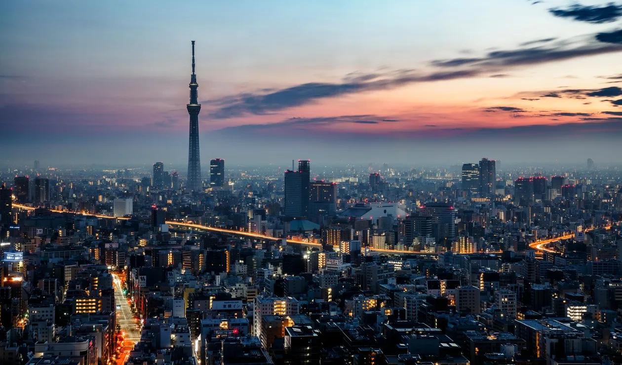 Tokyo Skytree above the city skyline at sunset