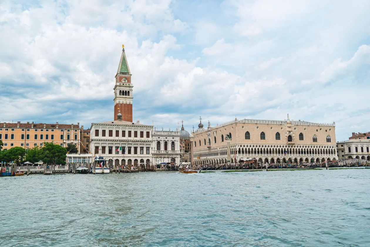 St Mark's Campanile and the Doge's Palace seen from the water of the Venice lagoon
